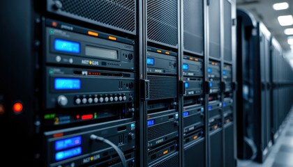 Poster - Server Rack Filled with Network Devices and Illuminated Status Lights Wallpaper Background