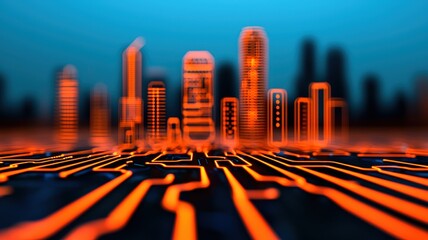 Poster - A futuristic cityscape is depicted with glowing orange circuit patterns on the ground, set against a blue backdrop, suggesting a blend of technology and urban life.