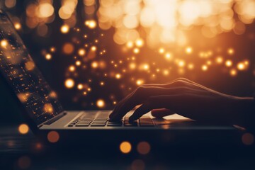 Poster - Serene Nighttime Workspace with Soft Glowing Lights Highlighting a Hand Typing on a Laptop Surrounded by a Bokeh Effect for Creative Inspiration and Focus