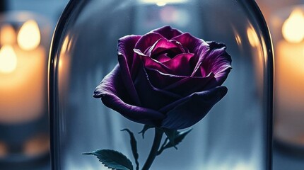 Poster - Enchanted purple rose illuminated by soft candlelight creating a mystical atmosphere in a cozy setting