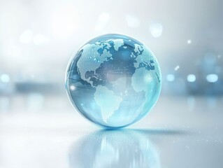 Poster - A light blue hologram of the world in a glass sphere symbolizes global interconnectedness and technologys potential, set against a soft, blurred white background enhancing its appeal