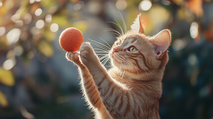 Closeup of beautiful cute cat, happy joyful pet playing with a ball in summer or spring sunny park outdoors or outside. animal activity in nature.