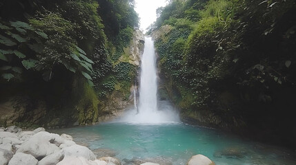 Poster - Serene Waterfall Cascading into Crystal Clear Pool Surrounded by Lush Green Foliage