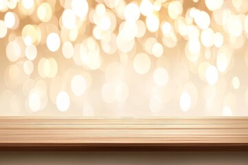 Poster - Soft Golden Bokeh Background with Wooden Surface Perfect for Displaying Products, Celebrations, or Holiday Themes in a Bright and Cheerful Atmosphere