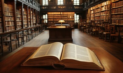 Poster - Ancient open book in grand library filled with shelves of books, warm lighting, wooden furniture, inviting atmosphere for reading and study