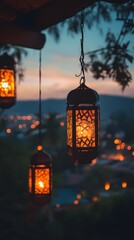 Wall Mural - Amazing glowing Ramadan lanterns, peaceful night atmosphere with beautiful village views