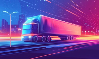 Poster - Futuristic neon truck in vibrant cityscape, illuminated by colorful lights and dynamic motion effects, showcasing modern transportation technology