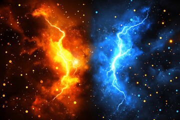 Poster - Stunning Cosmic Lightning Burst in Vibrant Orange and Blue Colors with a Starry Background, Capturing the Power of Nature's Elements and Energetic Forces in Space