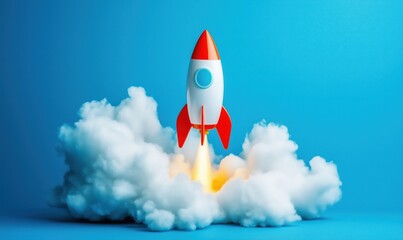 Poster - Rocket Launching from Clouds with Bright Blue Background, Symbolizing Innovation and Adventure