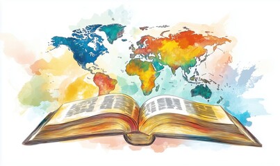 Poster - Open book with colorful world map background, symbolizing knowledge, education, and global awareness