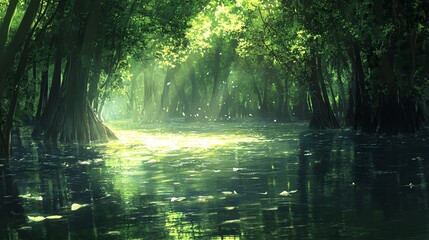 Wall Mural - A serene view of a lush, green forest reflecting on tranquil water under soft light.