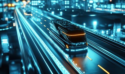 Poster - Futuristic electric bus traveling on illuminated highway in neon cityscape at night, showcasing advanced technology and urban design