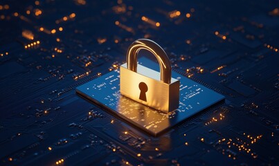 Poster - digital security lock on circuit board symbolizing cybersecurity and data protection in technology