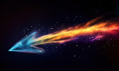 Poster - Vibrant Arrow Design with Colorful Trail of Light and Stars, Abstract Cosmic Background