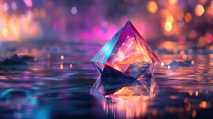 Wall Mural - luminous crystal pyramid reflecting neon lightscape