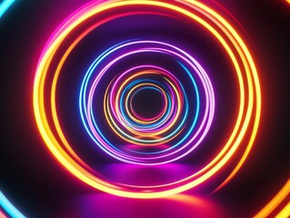 Poster - Vibrant concentric neon rings create a truly captivating light display that radiates immense energy while forming a beautifully hypnotic pattern in a dark and atmospheric setting all around