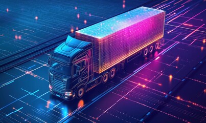 Aufkleber - Futuristic truck with glowing digital container on neon-lit road, showcasing advanced technology and transportation innovation