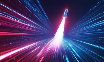 Poster - rocket launching through vibrant light trails, representing speed and technology in a futuristic spa