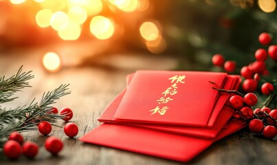 Wall Mural - Red envelopes, festive bokeh, holiday celebration, wood table