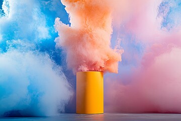 Poster - Vibrant Smoke Effects Emanating from a Yellow Cylinder Surrounded by Blue and Pink Clouds Creating a Dreamy Artistic Atmosphere