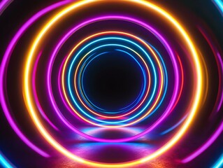 Canvas Print - Neon rings of vibrant hues burst forth from the shadows, dazzling the surrounding darkness with mesmerizing colors that enchant anyone fortunate enough to experience this breathtaking light spectacle