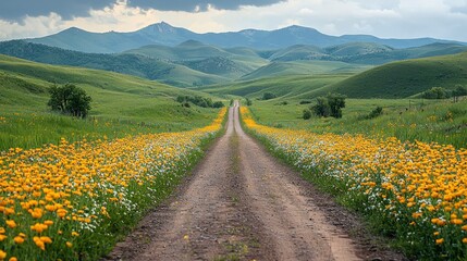 Wall Mural - Country road through flower field.