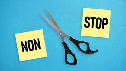 Poster - Words non stop and scissors between them as concept of goal achievement and potential overcoming