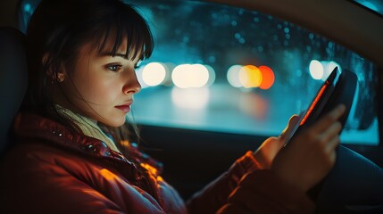 Young Woman Using Tablet in Car at Night