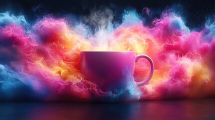 Wall Mural - Colorful smoke swirls surround steaming mug on dark surface, vibrant background ideal for advertising.