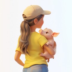 A brunette girl in blue pants and a yellow t-shirt, seen from behind, holds a large, adorable kawaii fluffy white puppy with its red tongue sticking out. 3D render, isolated on transparent