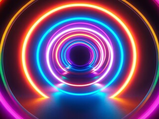 Poster - Vibrant neon rings pulsate, emitting brilliant light and creating a mesmerizing spectacle of swirling multicolored patterns in a dark space, captivating all who witness this breathtaking display