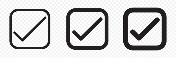Poster - check box icon with correct with different line width. approved symbol. accept checkmark icons green tick box, check list square frame sign. on transparent background. eps 10.