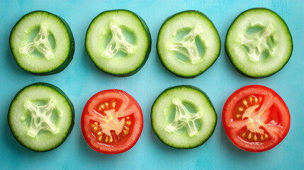 Wall Mural - Top or above view of healthy, raw and organic fresh vegetables including cucumber and tomato. healthy vegan diet, veggies food on blue background.