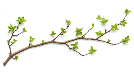 Tree branch with green leaves isolated on white background, fresh spring or summer nature twig plant.