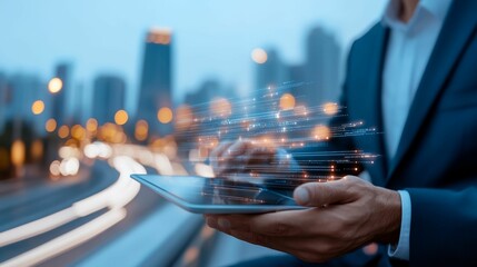 Poster - Man is holding a tablet in his hand