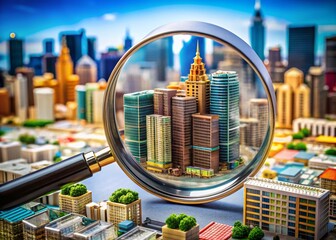 Poster - Market Research: Magnifying Glass Over Cityscape Architectural Model