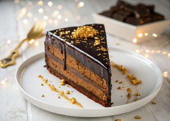 Wall Mural - slice of layered chocolate cake on a white plate, garnished with gold dust. The background includes a bowl of dark chocolate and a fork.