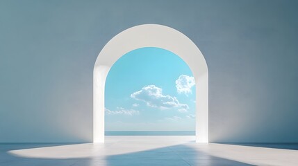 Poster - Minimalist white archway set against a tranquil backdrop of endless blue sky dotted with wispy clouds creating a sense of openness freedom and serene contemplation