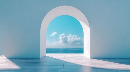 Poster - A serene and contemplative image featuring a simple white archway set against a vast cloudless blue sky  The archway s clean lines and minimal design create a sense of openness tranquility