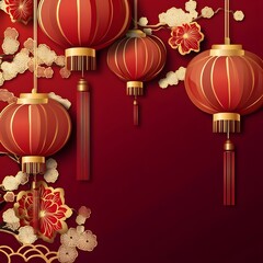 Wall Mural - vibrant red and gold chinese new year lanterns clouds and floral against a rich red background tradi
