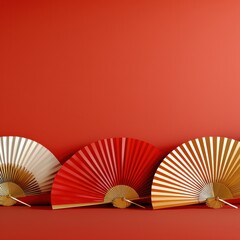 Poster - Three decorative fans in white, red, and gold arranged against a vibrant red background, creating a striking visual contrast.