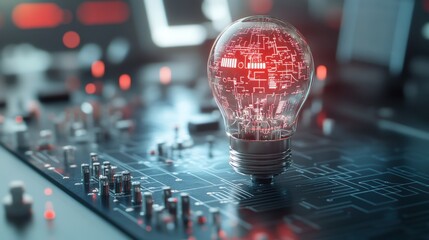 Poster - Light Bulb with Digital Circuit Elements Representing Innovation and Technology in a Modern Laboratory Environment