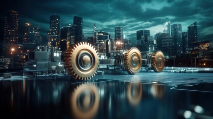 Aufkleber - Futuristic Cityscape with Mechanical Gears Representing Technology and Innovation in a Modern Urban Environment at Night with Vibrant Lighting and Structures