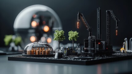 Poster - Futuristic Industrial Model Featuring Cranes, Glass Building, Green Trees, and Advanced Machinery in a Dimly Lit Setting for Conceptualizing Urban Development