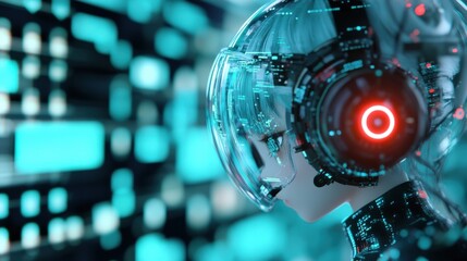 Leinwandbilder - Futuristic Cybernetic Woman with Transparent Headset and Neon Visuals in a High-Tech Digital Environment, Embracing Advanced Technology and Virtual Reality Concepts