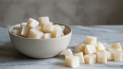 Fresh White Wax Cubes in a Bowl on Marble Surface