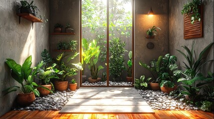 Wall Mural - Sunlit indoor garden room with plants, stones, and wooden floor, showcasing tranquil home design.