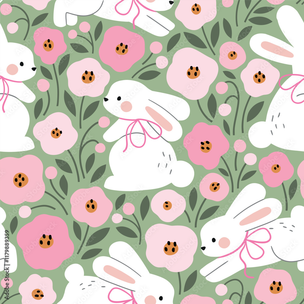Seamless vector pattern with cute white rabbits. Hand drawn Easter ...