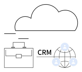 Cloud outline, briefcase, CRM text, and globe with user icons representing business, customer management, and global connectivity. Ideal for CRM systems, cloud tech, business tools networking