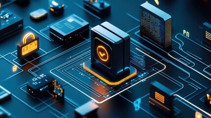Leinwandbilder - Futuristic Digital Circuit Board Design with Abstract Technology Elements and Glow Effects Representing Data Processing and Artificial Intelligence Concepts